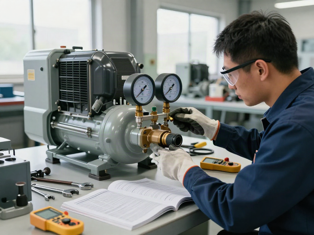 Technician adjusting an air compressor pressure switch in an industrial workshop, showcasing precision equipment.