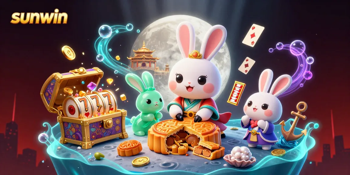 Sunwin engages players with a vibrant 3D scene featuring a moon rabbit revealing poker chips, embodying excitement in gaming.