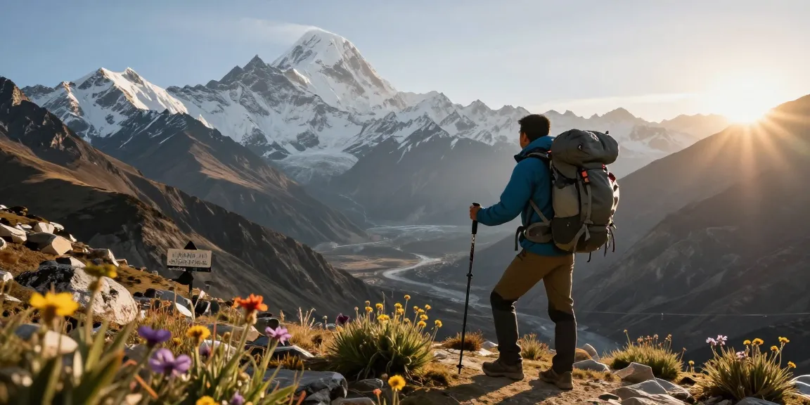 trek al Circuito Manaslu en el paso Larkya La, viajero rodeado de montañas y flores silvestres