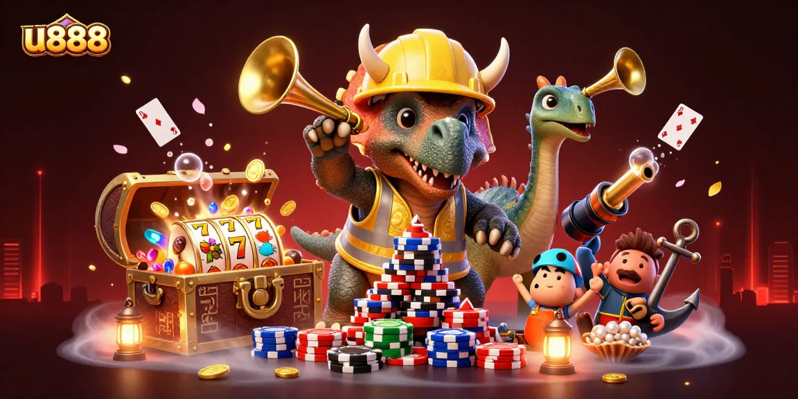 Experience thrilling gaming with u888, featuring exciting slot reels and charming dinosaur characters.