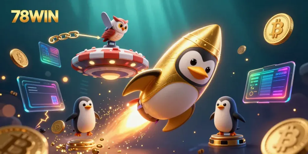 Experience the thrill of 78WIN with a golden penguin rocket blasting through a casino-themed galaxy full of crypto coins.