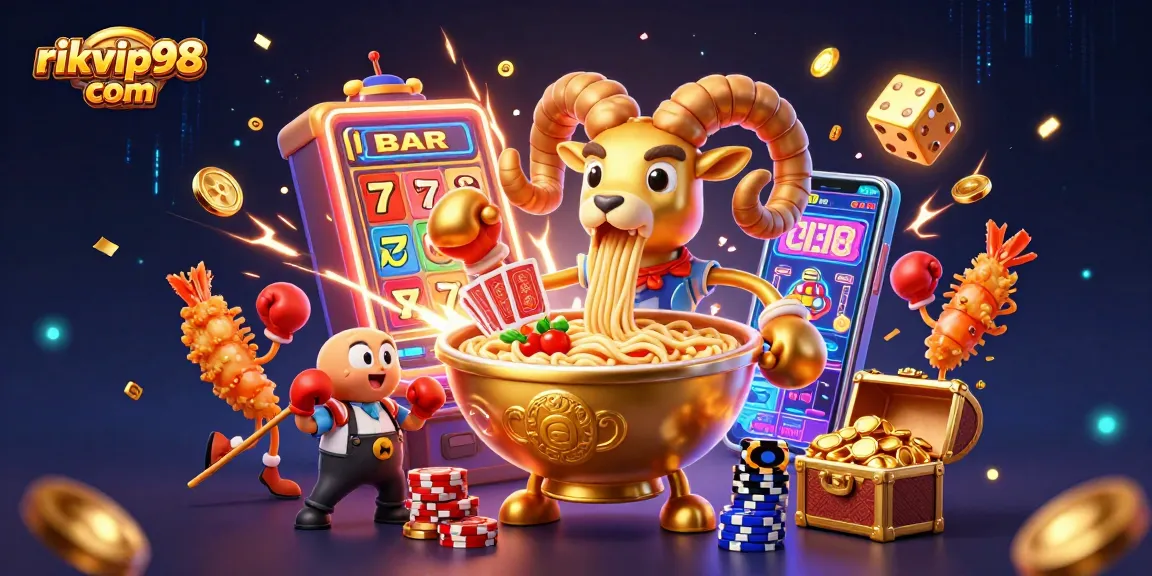 Experience thrilling games at rikvip98 com with a vibrant casino scene featuring a giant ramen bowl dealer and exciting jackpots.