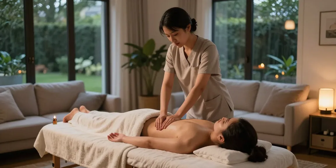 Professional providing 출장마사지 in a serene home environment with calming decor.