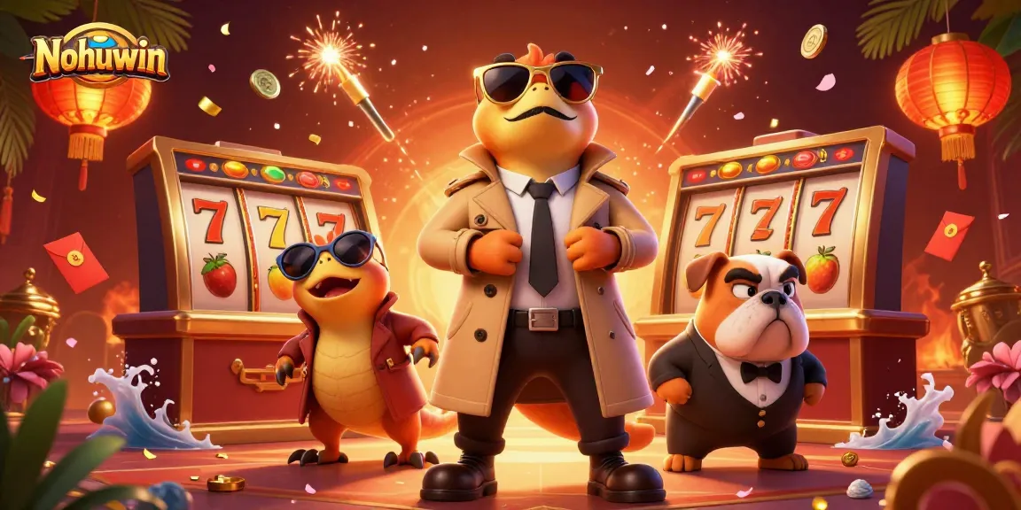Nohuwin players engage in exhilarating jackpot action within a vibrant 3D casino scene.