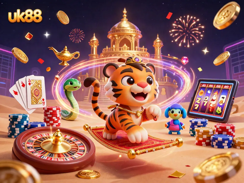 Experience casino excitement with uk88's dynamic Arabian-themed gaming adventure illustration.