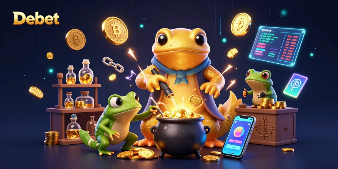 Elevate your bets with Debet's vibrant 3D scene showcasing alchemy and crypto tokens.
