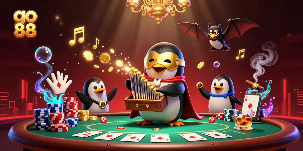 Experience the excitement of go 88 with a vibrant casino scene featuring a penguin playing an organ, surrounded by poker elements.