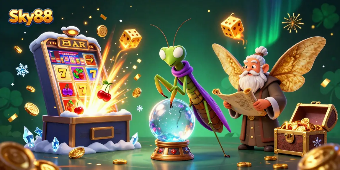 Sky88 delivers a vibrant casino experience with a dynamic scene featuring a slot machine, fortune teller, and magical elements.