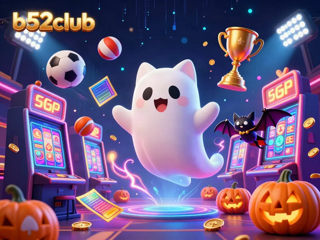 Experience the excitement of b52club with a ghost cat in a dynamic casino scene filled with vibrant elements.