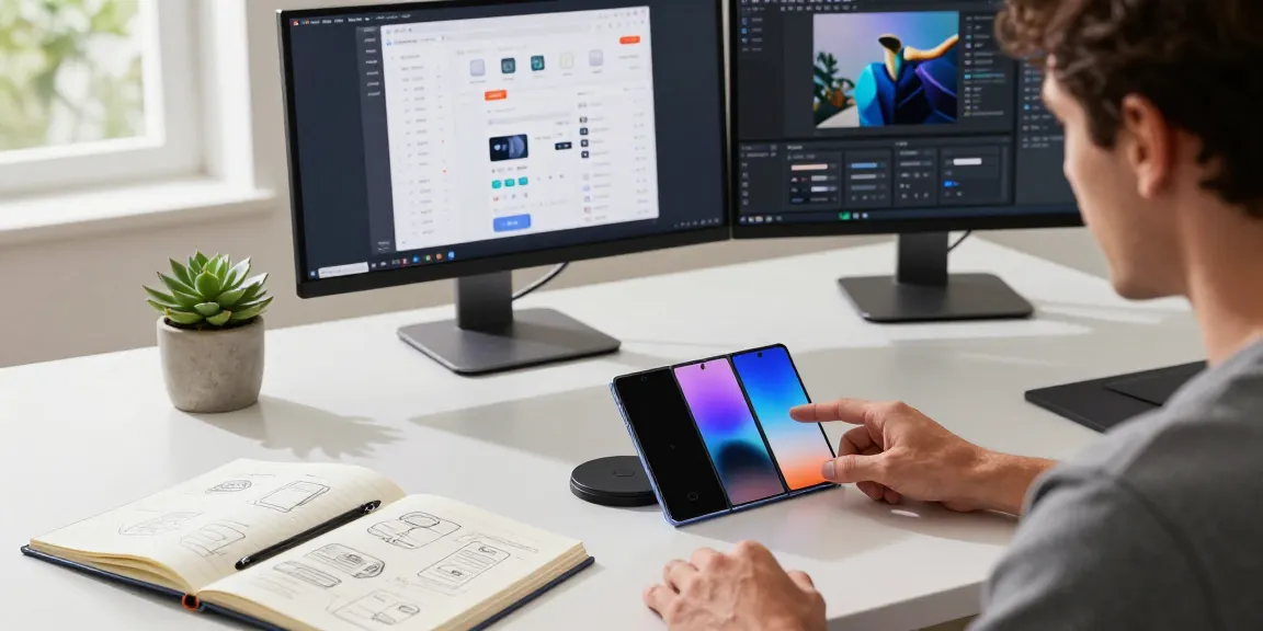 Showcasing a tech enthusiast using a tri-fold phone at a modern workspace