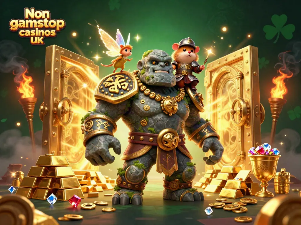 Spin wins and magic with Non gamstop casinos UK, featuring a golem, fairy, and hamster knight.
