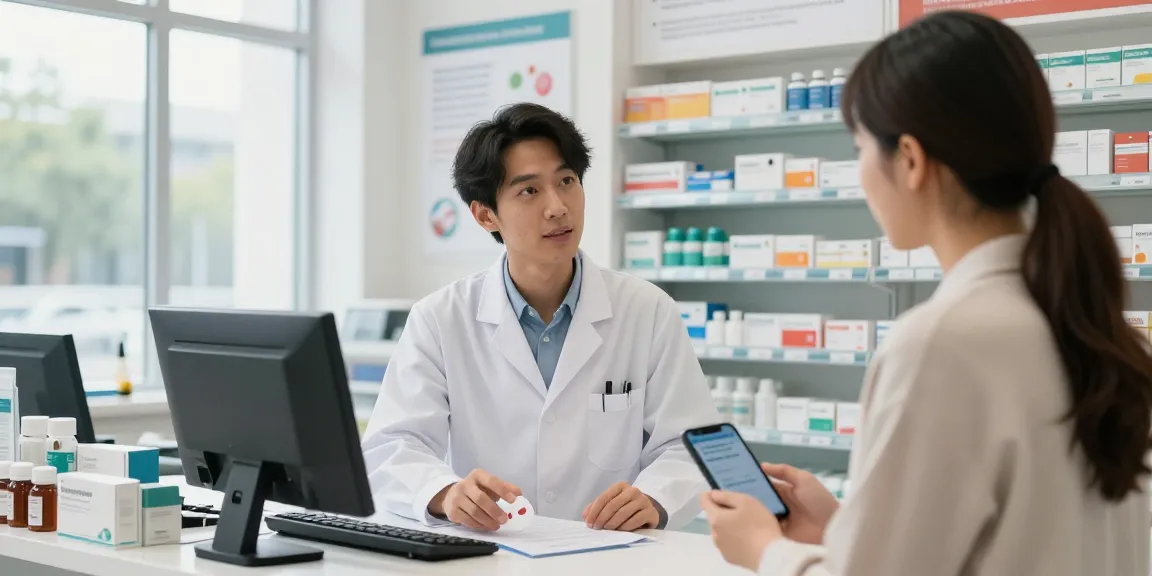 Buy retatrutide online consultation in a modern pharmacy with pharmacist advising customer on options.