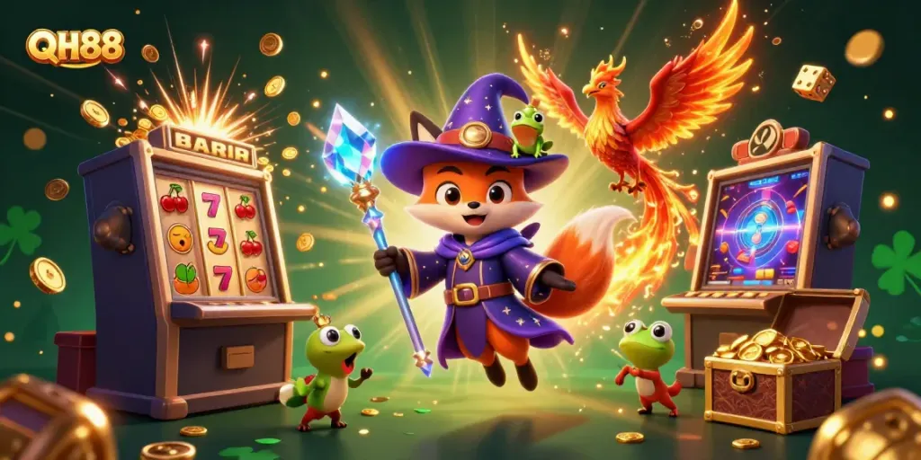 Experience exciting gameplay at QH88 with a mystical scene featuring a wizard fox and vibrant casino elements.
