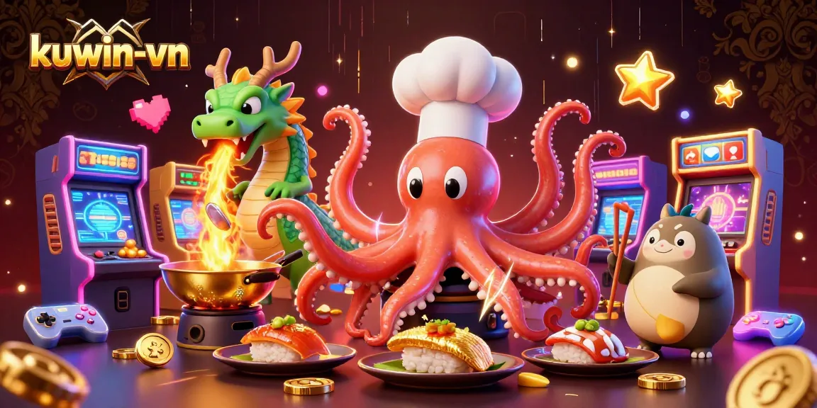 Play exciting games at kuwin-vn, featuring dynamic characters like an octopus chef and a dragon amidst colorful casino elements.