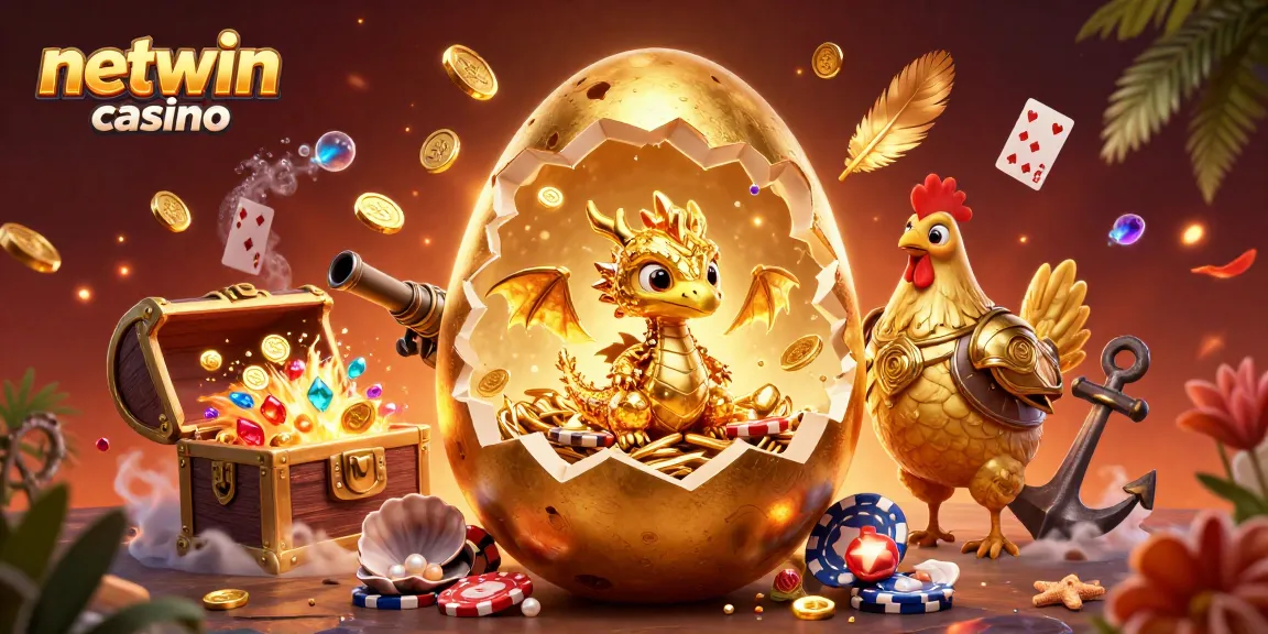 Join the excitement at netwin casino with a vibrant scene of a golden dragon amidst poker chips and treasures!