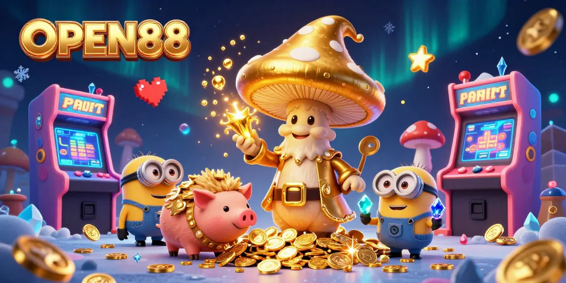 OPEN88 engages players with a magical scene featuring a golden wizard, treasure-seeking pig, and vibrant casino elements.