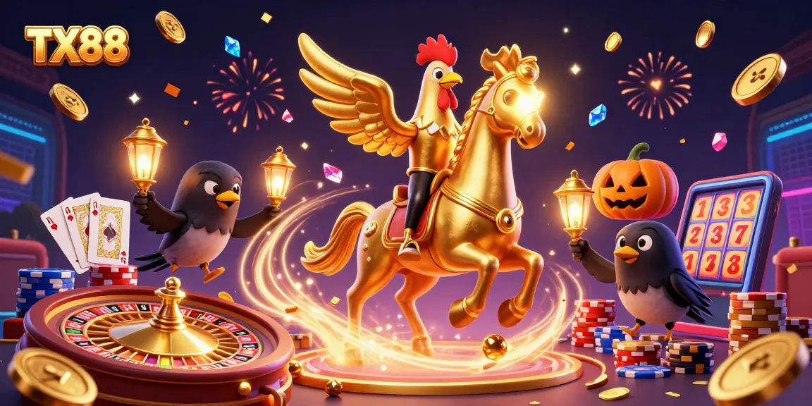 Experience thrilling TX88 gameplay with vibrant casino imagery, featuring a golden rooster character and spinning roulette.