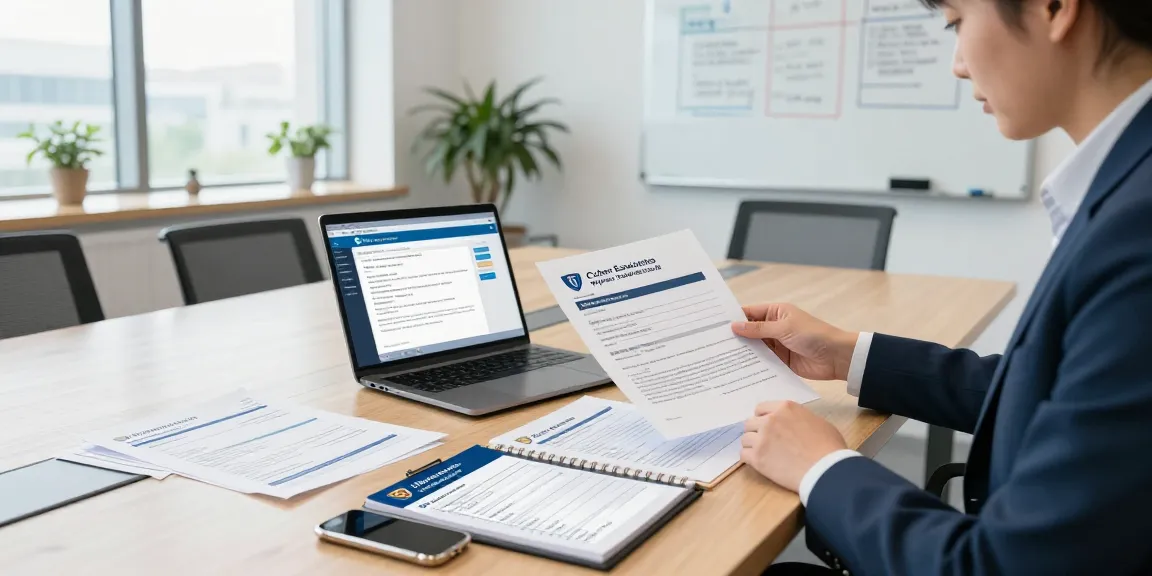 Cyber Essentials assessor reviewing security compliance documents in a modern office setting.
