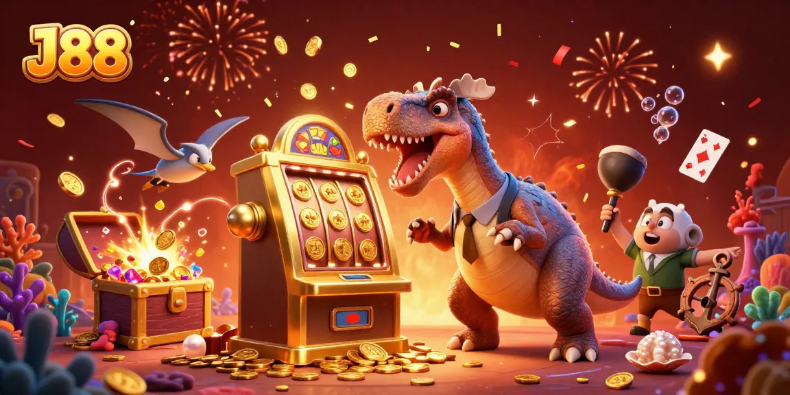 J88 offers players thrilling jackpots as a pachycephalosaurus interacts with a golden slot machine