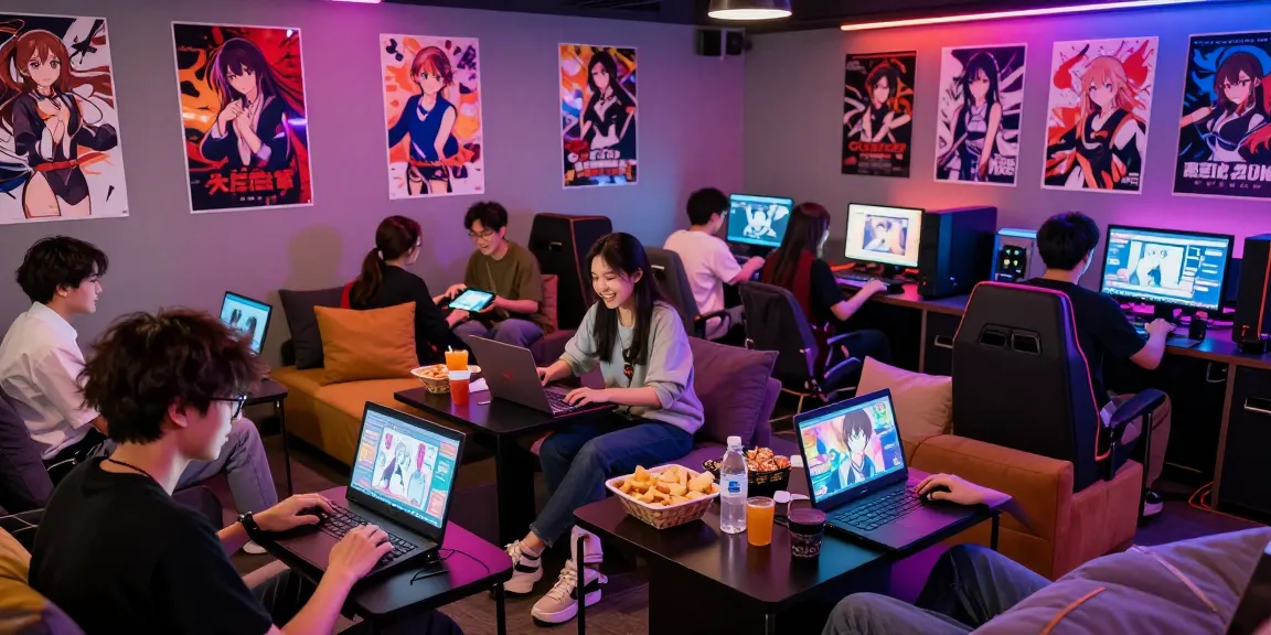 Play hentai games in a vibrant gaming lounge with friends, engaging atmosphere and colorful decor.