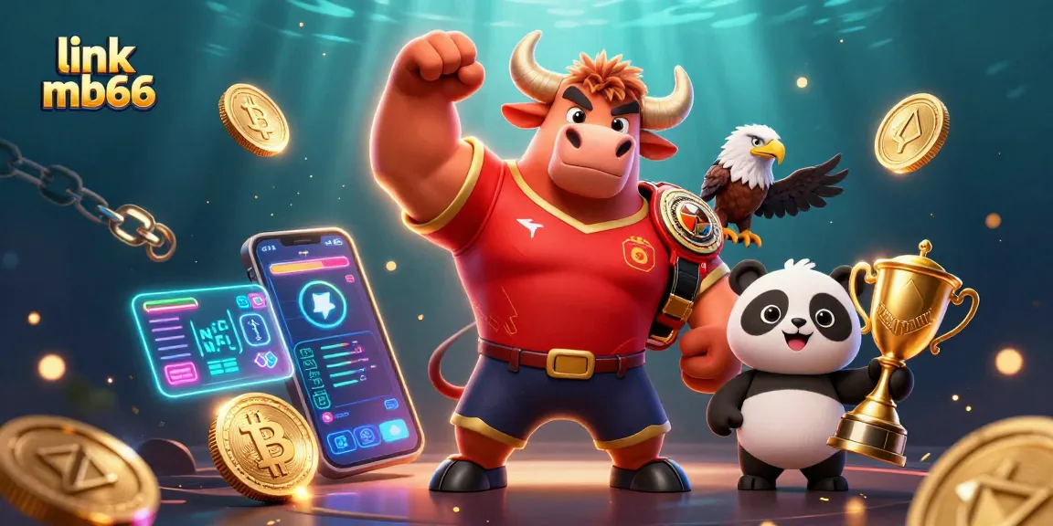 Win with link mb66 at the vibrant online casino, featuring crypto coins and mascots in celebration.