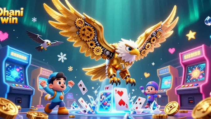 Dive into Dhani win with a vibrant 3D gaming illustration featuring a golden eagle among casino-themed elements.