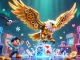 Dive into Dhani win with a vibrant 3D gaming illustration featuring a golden eagle among casino-themed elements.