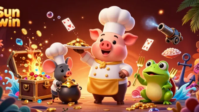 Experience the excitement of Sun win in this vibrant 3D illustration featuring a chef pig serving gold coins with lively casino elements.