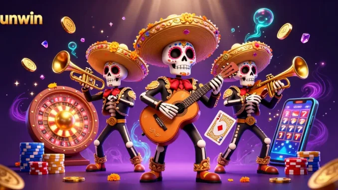 Experience lively gaming with sunwin's vibrant 3D illustration showcasing a mariachi band amidst casino excitement.