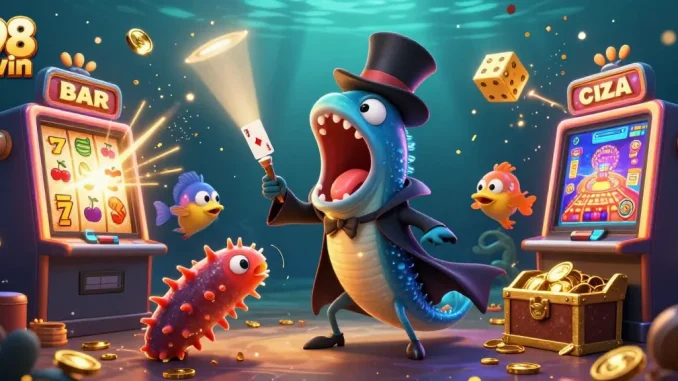 Experience the thrilling dynamics of 98 win with captivating deep-sea characters in a vibrant casino scene.