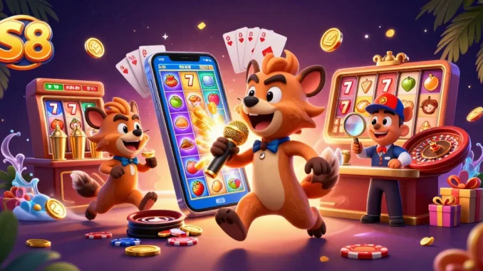 S8 casino hyenas comedy scene with colorful slot reels and coins erupting from the smartphone