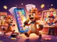 S8 casino hyenas comedy scene with colorful slot reels and coins erupting from the smartphone