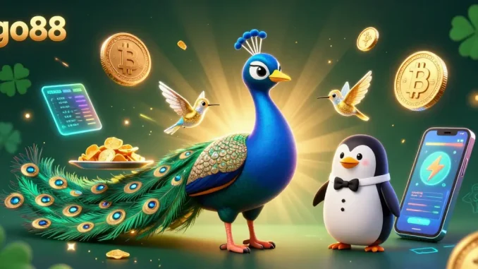 Experience vibrant gaming with go88, featuring a peacock, penguin, and hummingbird in a dynamic casino scene.