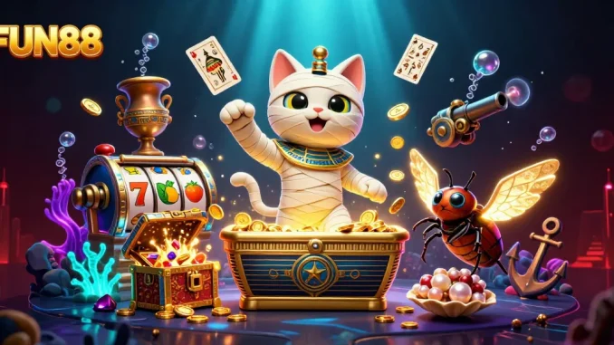 Experience FUN88 adventures as a mummy cat emerges in a vibrant pyramid casino scene.