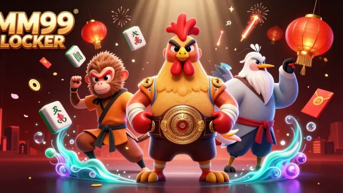 Experience exciting gameplay at MM99 LOCKER with vibrant visuals of cockfighting and casino elements.