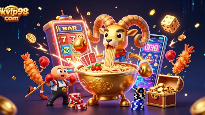 Experience thrilling games at rikvip98 com with a vibrant casino scene featuring a giant ramen bowl dealer and exciting jackpots.