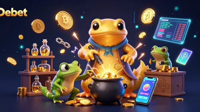 Elevate your bets with Debet's vibrant 3D scene showcasing alchemy and crypto tokens.