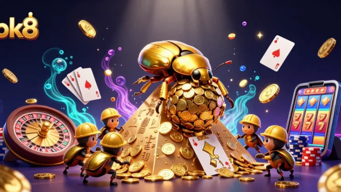 Experience thrilling gameplay at bk8 with golden beetles rolling coins and vibrant casino elements.