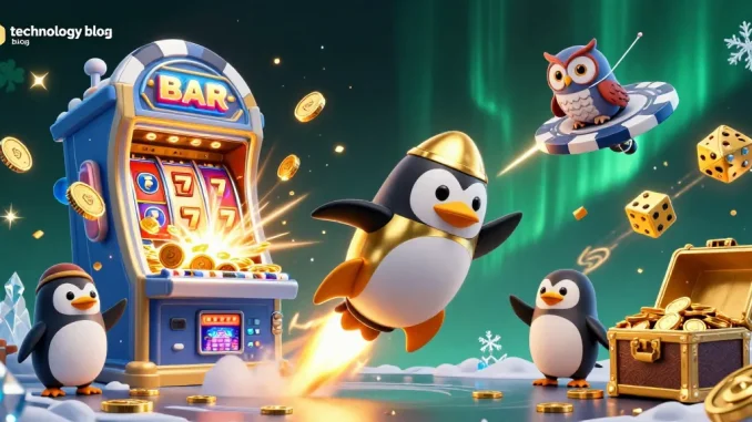 Experience exciting moments in a technology blog illustration featuring a golden penguin in a casino adventure.