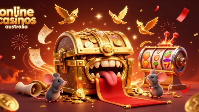Engage with online casinos Australia featuring vibrant treasures and lucky symbols in an exciting 3D scene.