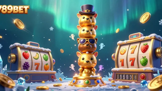Engage with the exciting gaming world of 789BET featuring vibrant slot elements and a dazzling totem scene.