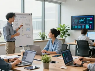 Business IT support londor team collaborating in modern office space, showcasing proactive IT strategies and teamwork.
