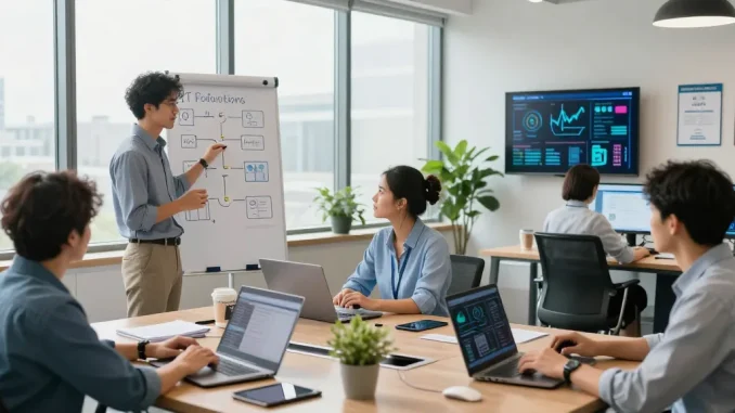 Business IT support londor team collaborating in modern office space, showcasing proactive IT strategies and teamwork.